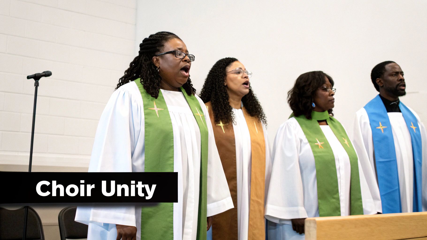 A diverse group of adults in choir robes and colorful stoles singing in unison.