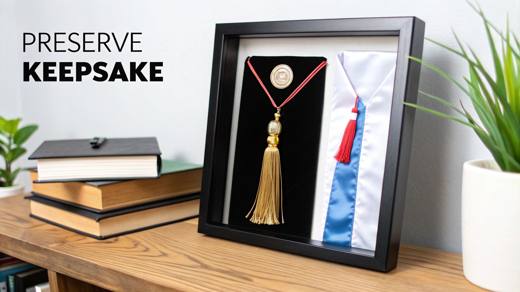 Black framed keepsake box showcasing a gold graduation tassel and a white and blue academic stole.