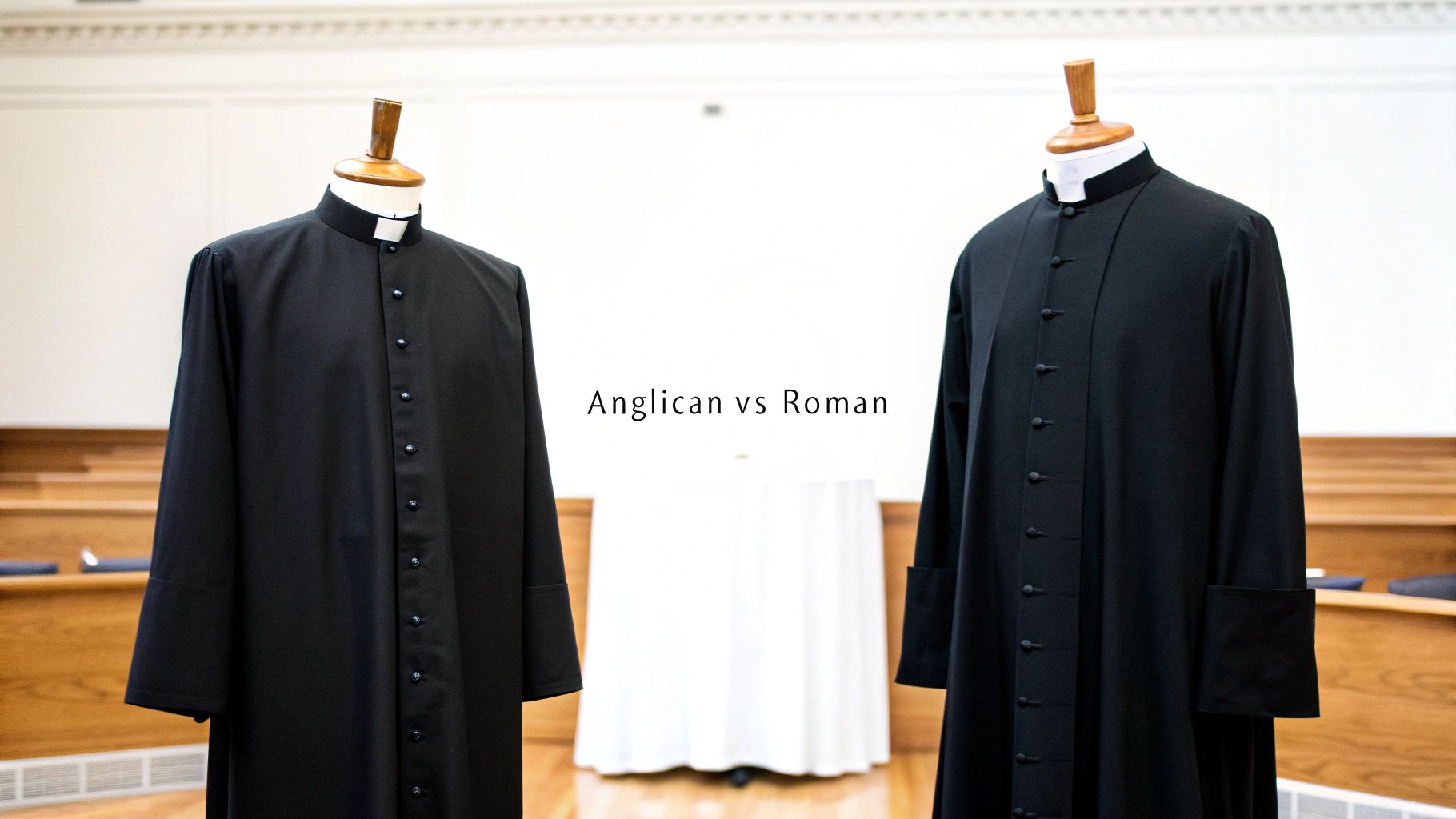 Two black clerical cassocks on mannequins, labeled Anglican vs Roman, in a church setting.