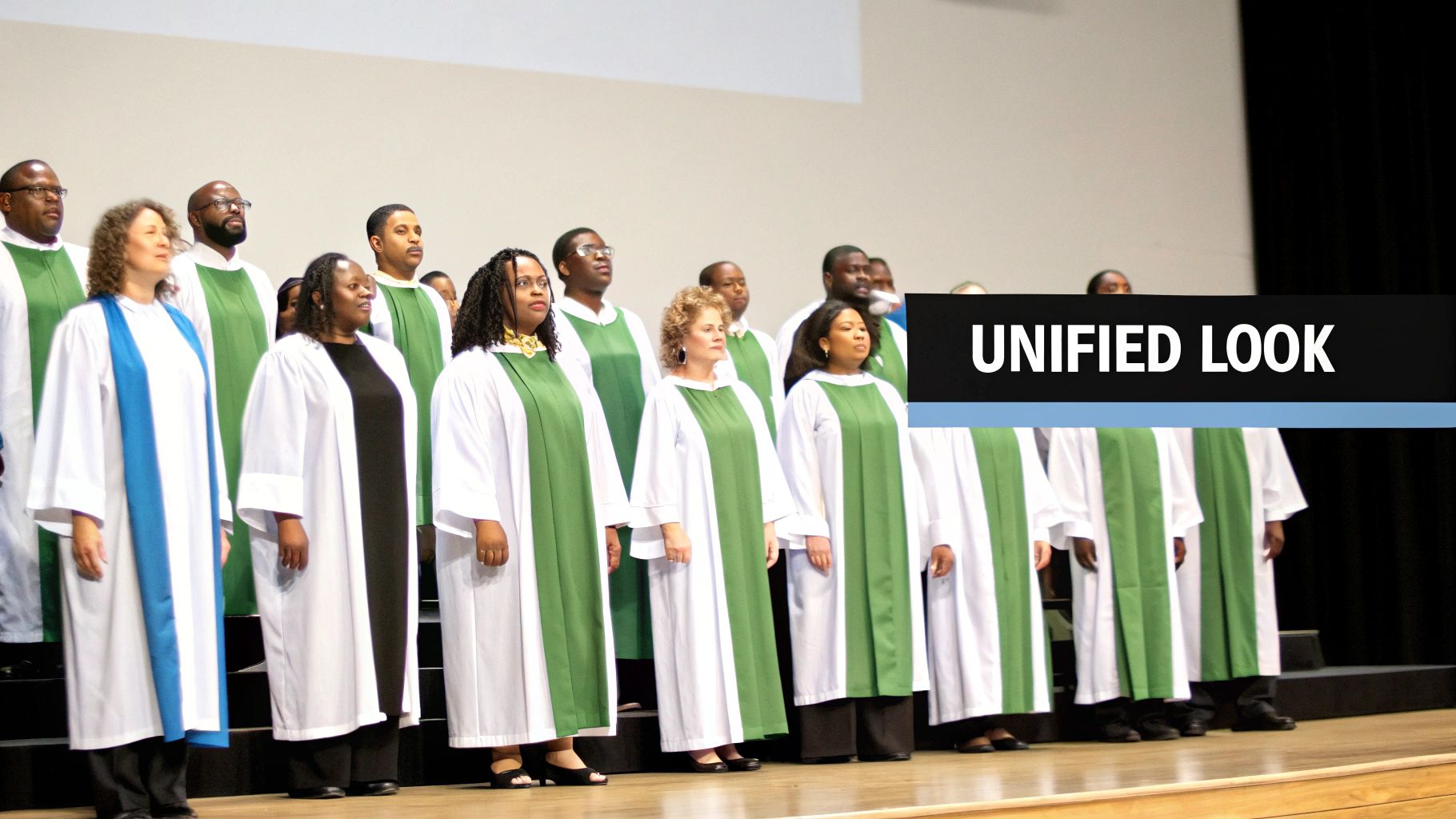 A diverse choir wearing white robes with green and blue stoles standing on a stage.