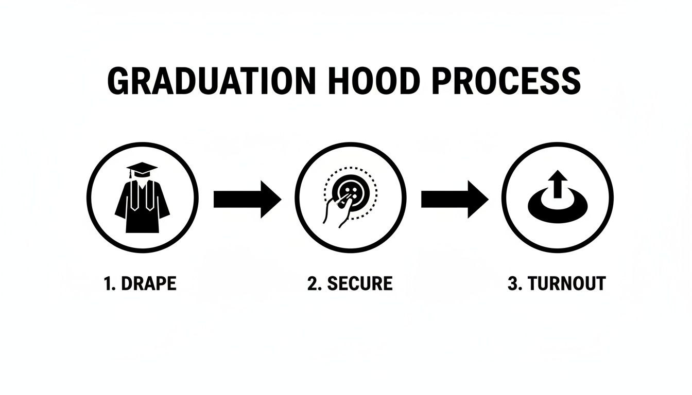 A three-step diagram illustrates the graduation hood process, including draping, securing, and turnout.