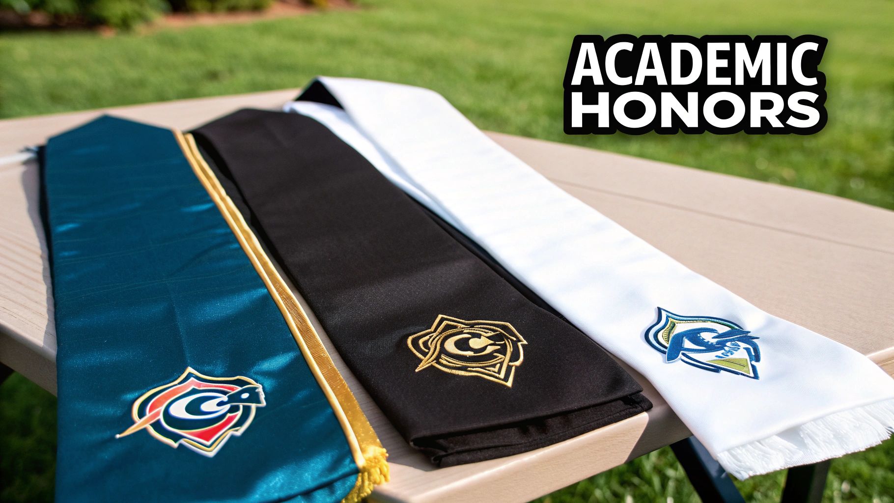 Three graduation stoles in teal, black, and white with embroidered logos on an outdoor table.