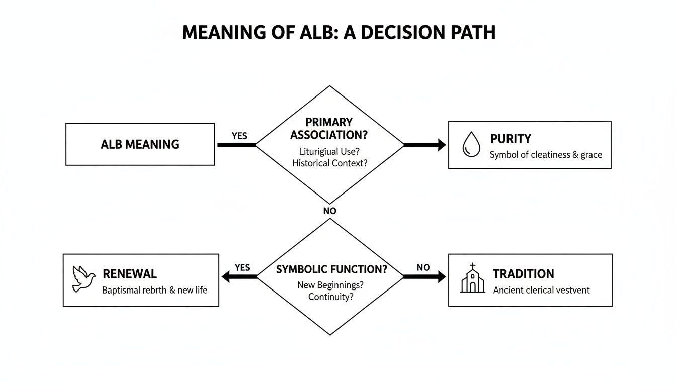 Flowchart illustrating the meaning of ALB through primary association and symbolic function, leading to purity, renewal, or tradition.