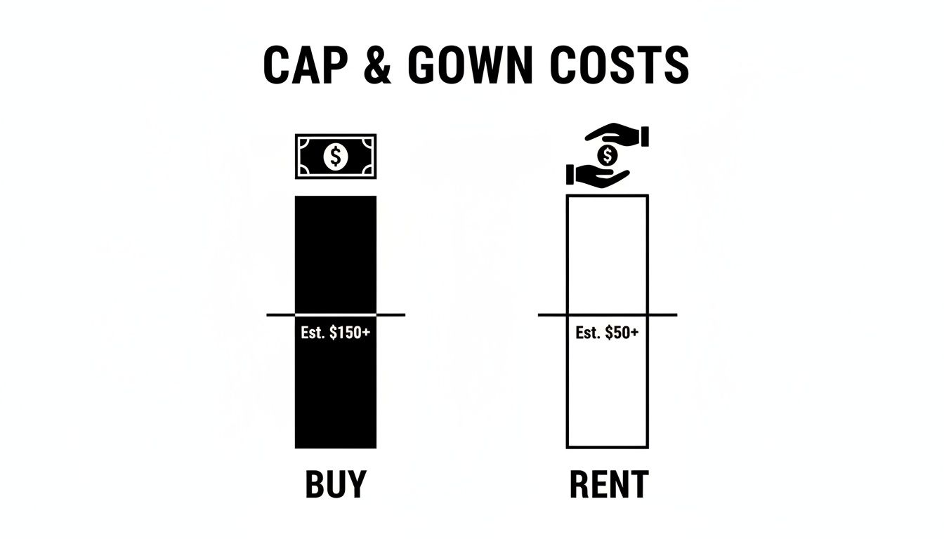 A bar chart comparing the estimated costs of buying versus renting a cap and gown for graduation. Buying costs are estimated at $150+, while renting costs are estimated at $50+.