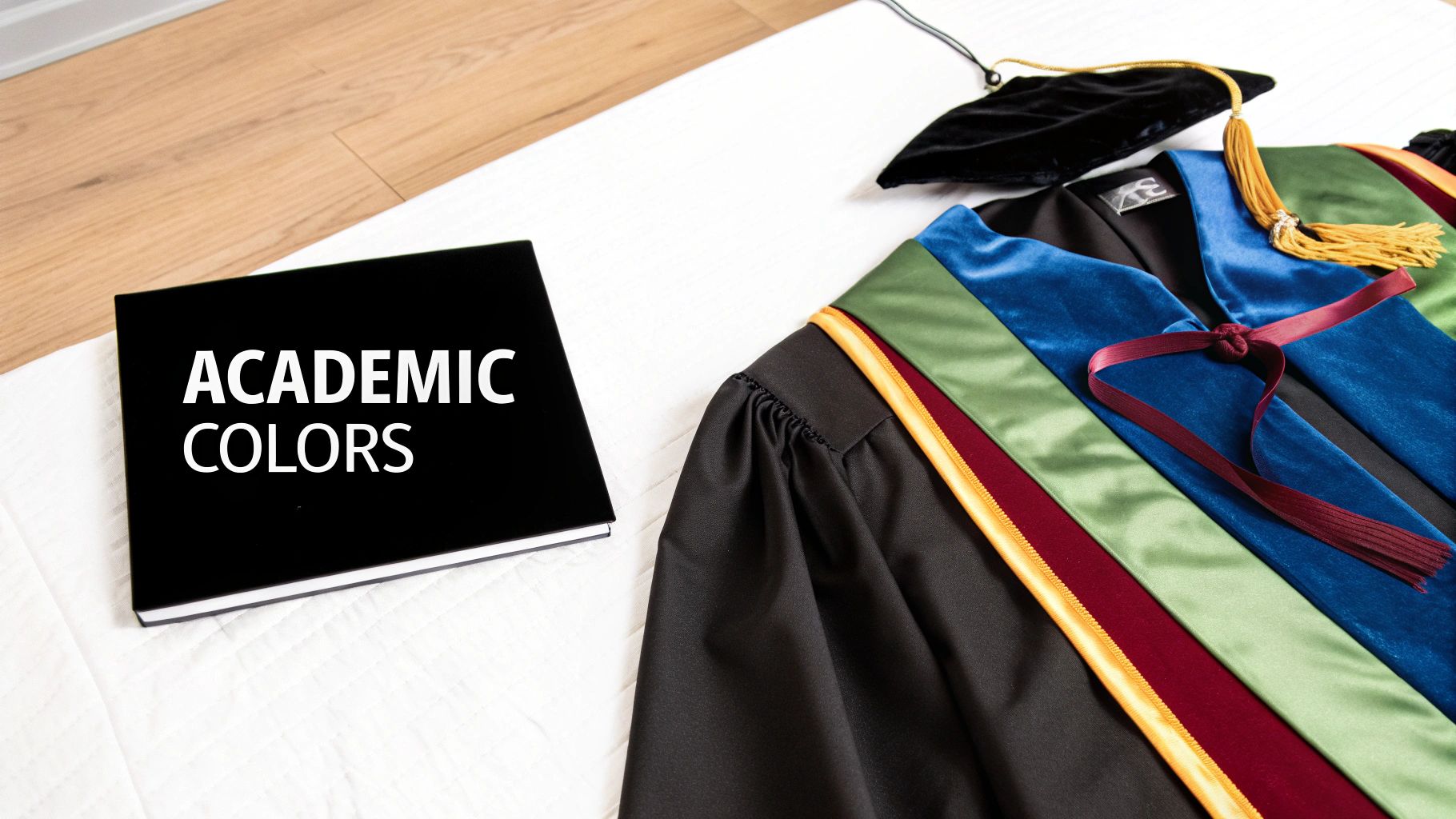 Academic regalia with a black graduation cap, gown, colorful hood, and a book titled 'Academic Colors'.