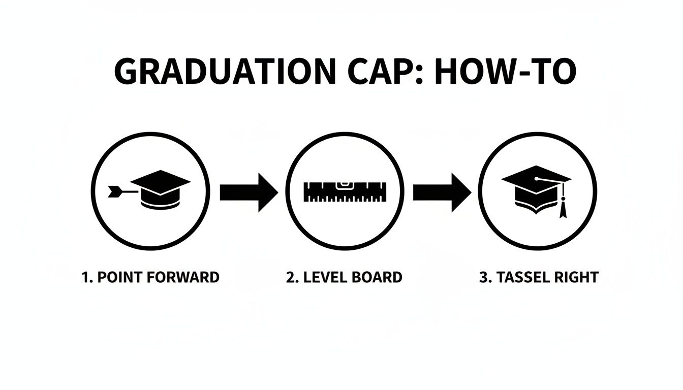 A step-by-step guide showing how to correctly wear a graduation cap with icons and instructions.