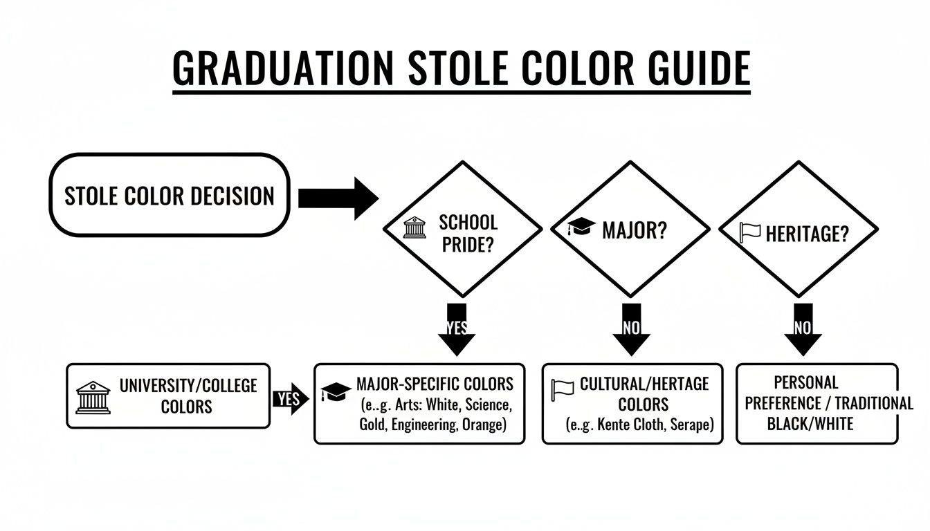 Flowchart guiding graduation stole color choices based on criteria like school pride, academic major, heritage, and personal preference.