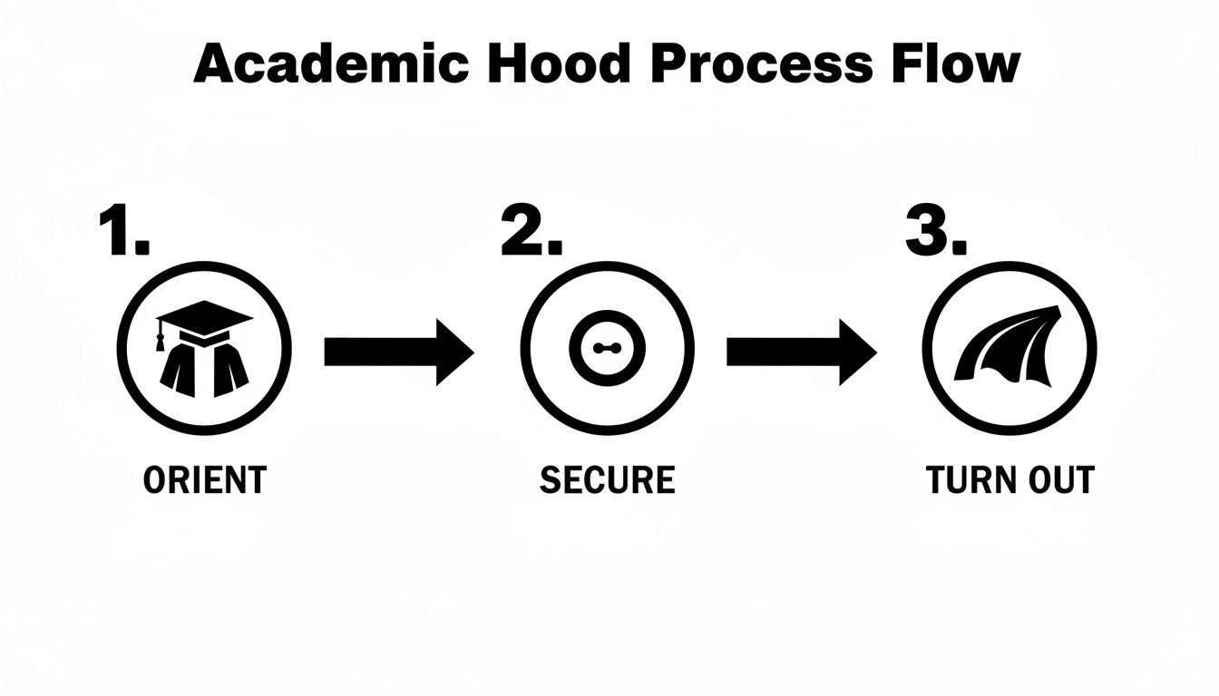 A three-step diagram illustrates the academic hood process flow: orient, secure, and turn out.