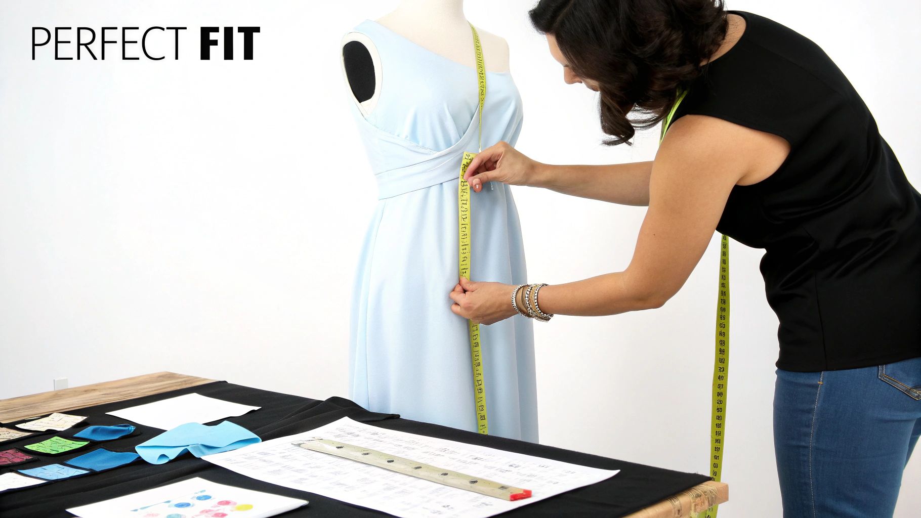 A person precisely measures a light blue dress on a mannequin with a yellow tape measure.