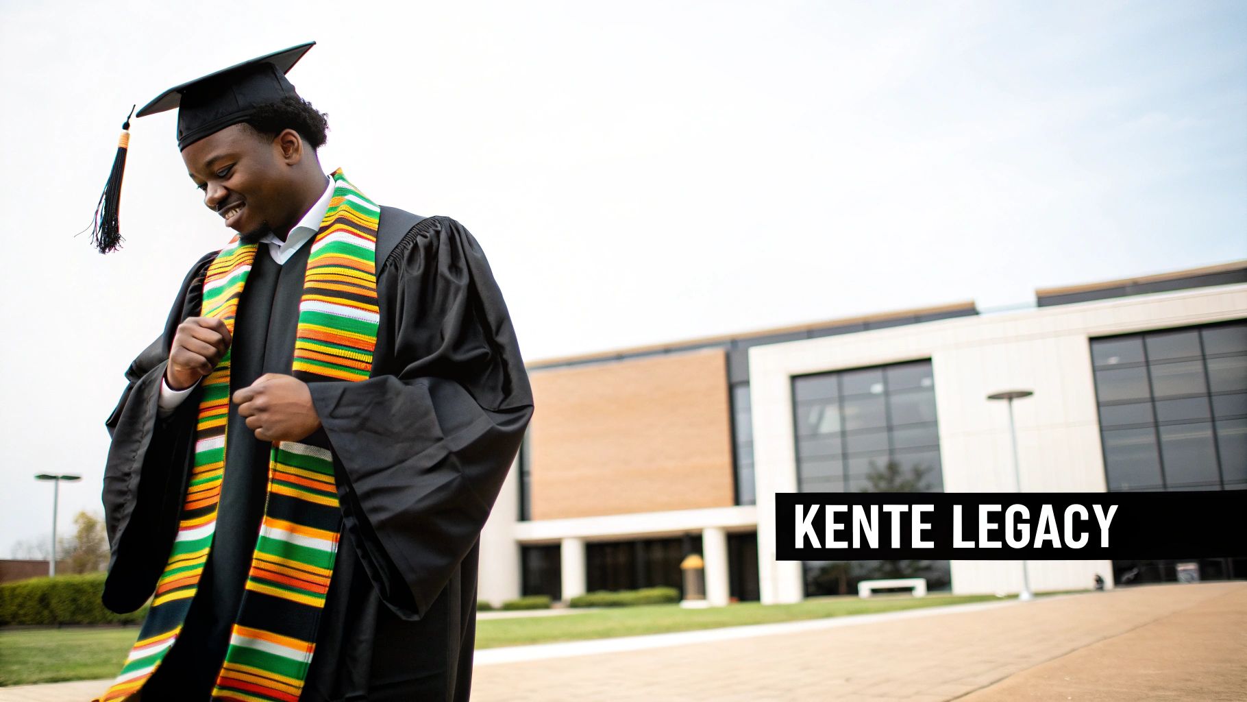 A smiling graduate proudly wears a black cap and gown with a vibrant Kente stole outdoors.