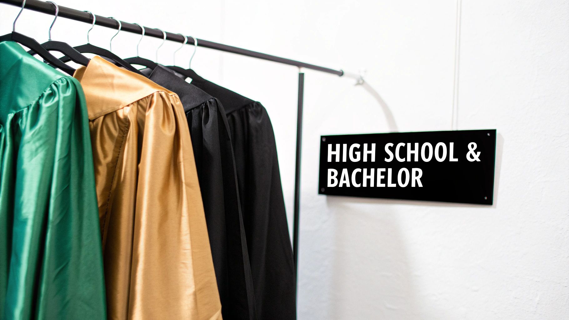 Green, gold, and black graduation gowns hang on a rack next to a 'HIGH SCHOOL & BACHELOR' sign.