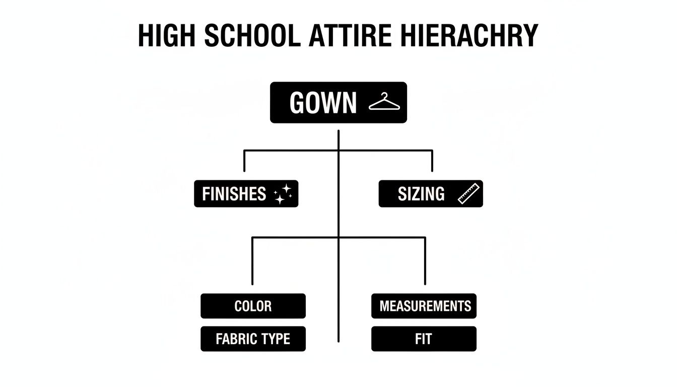 High school attire hierarchy chart for gowns, detailing finishes like color and fabric, and sizing including measurements and fit.