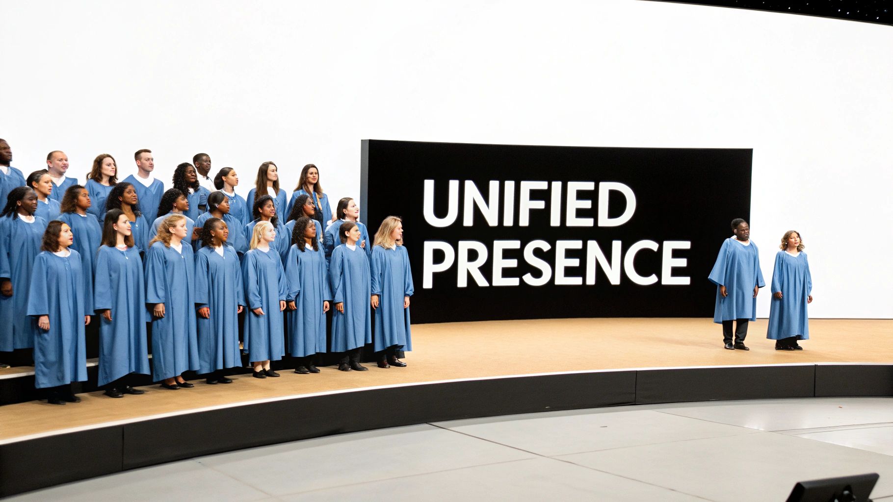 A diverse choir in blue robes stands on a stage with 'UNIFIED PRESENCE' text, two members separately to the right.