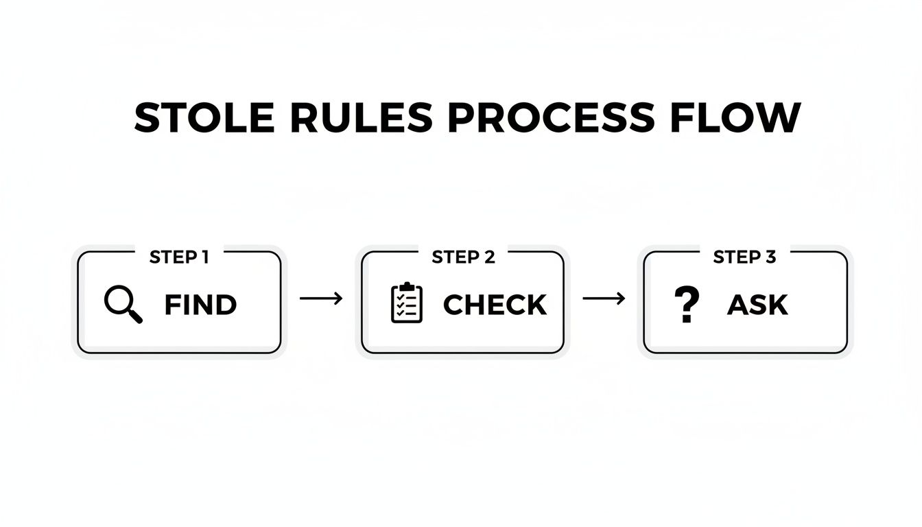 A diagram illustrating the 'STOLE RULES PROCESS FLOW' with three steps: Find, Check, and Ask.