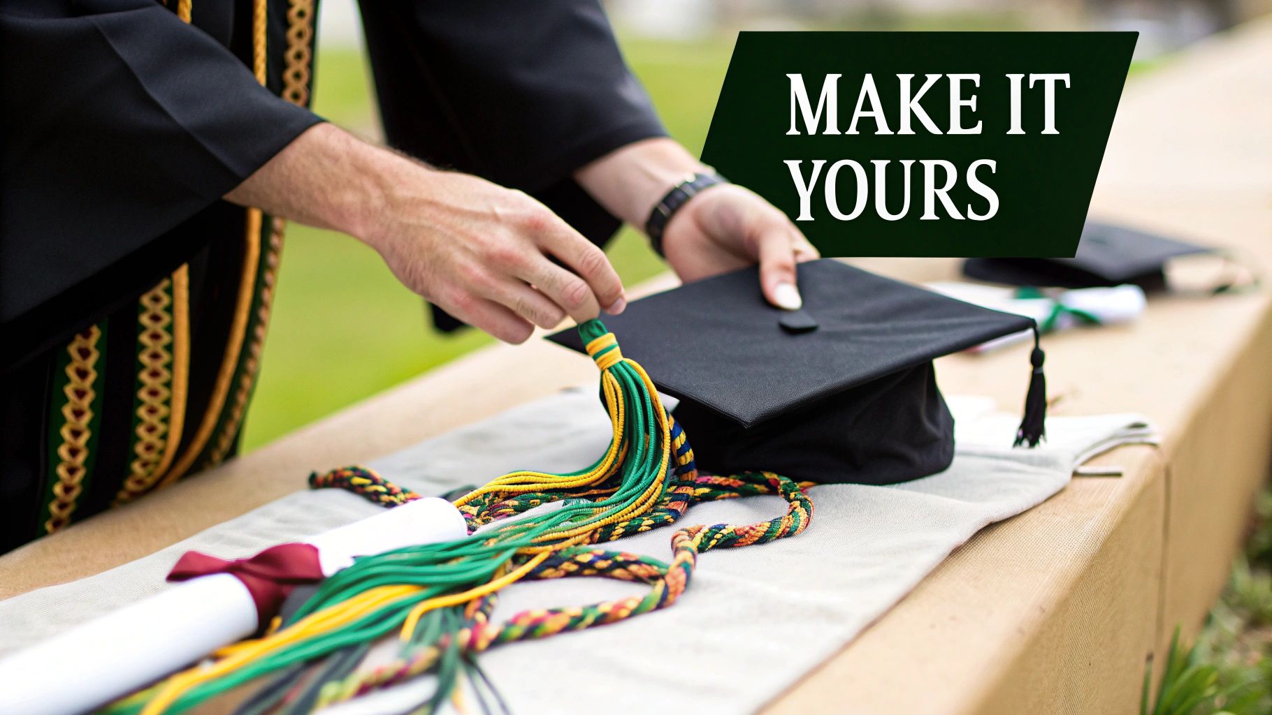 A graduate in a black gown holds a colorful tassel and graduation cap, with a diploma nearby.