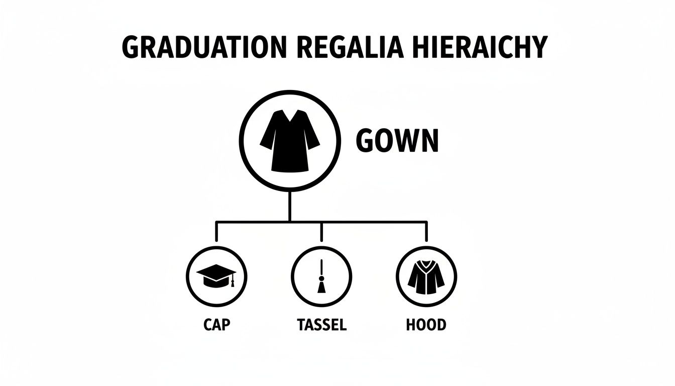 Diagram illustrating the hierarchy of graduation regalia: gown, cap, tassel, and hood.