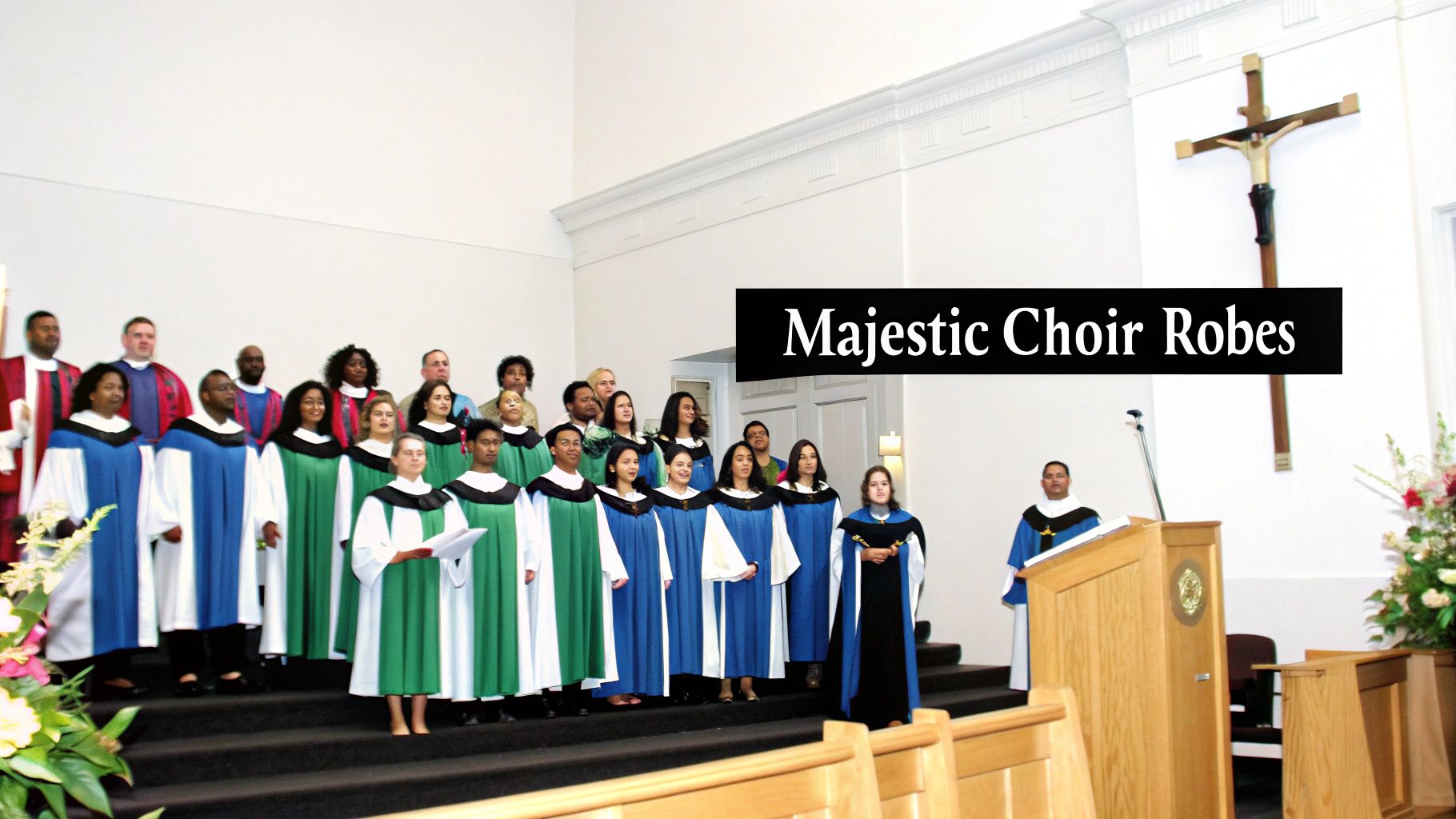 A large, diverse choir wearing blue, white, green, and red robes performs in a church.