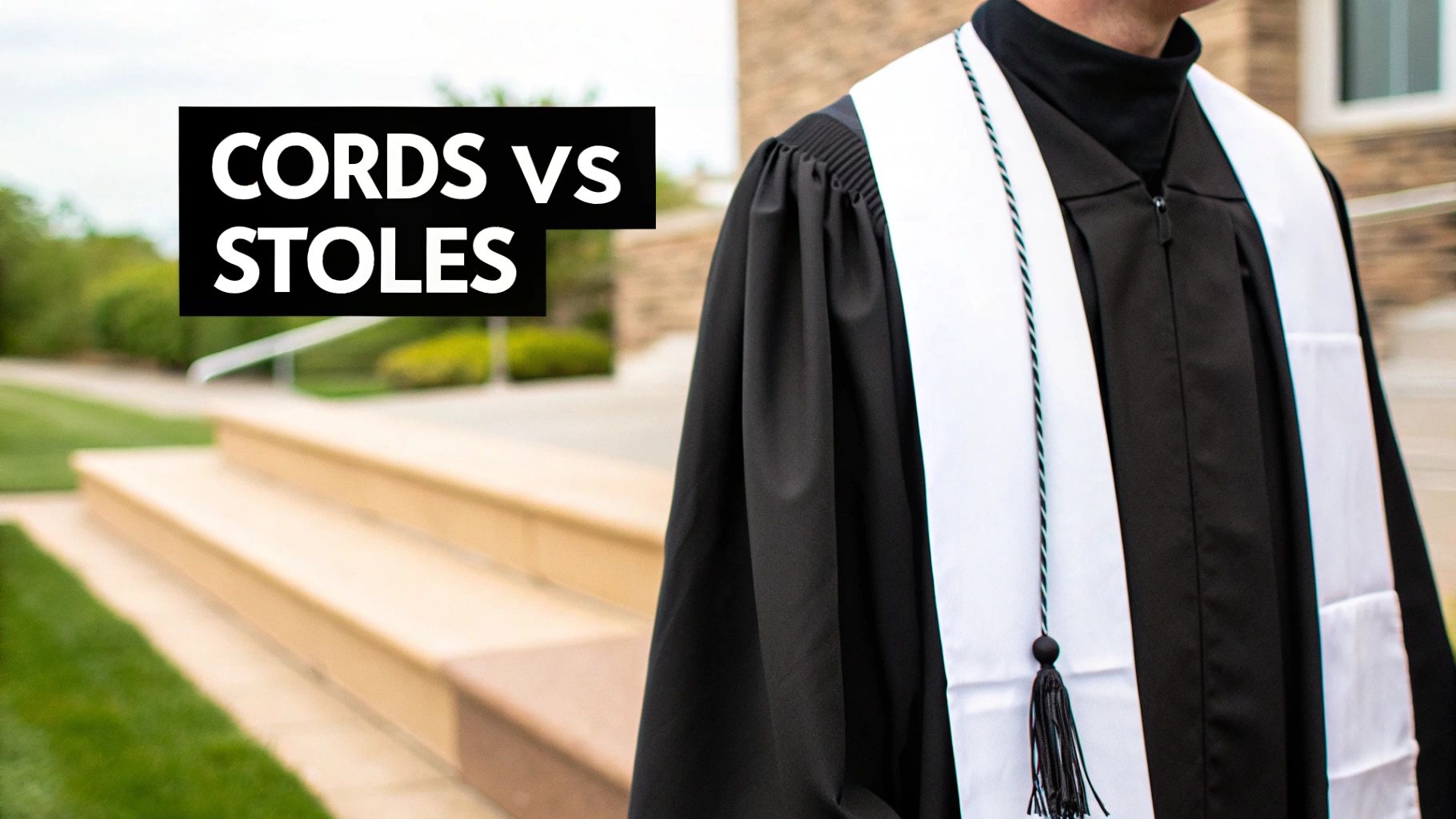 A graduate wearing both blue graduation cords and a white graduation stole.