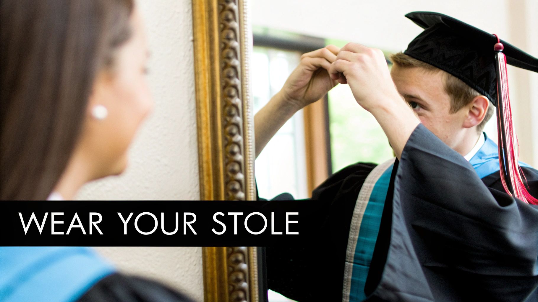 A graduate wearing a stole correctly, draped over their shoulders.