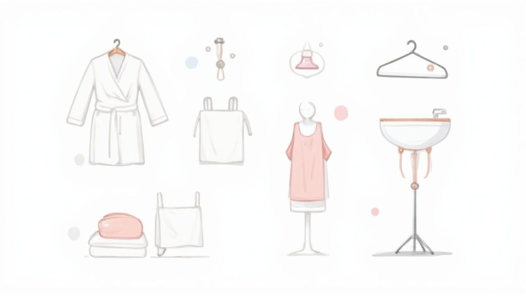 A collection of laundry and personal care items, including a bathrobe, clothes, towels, soap, a sink, and hangers.