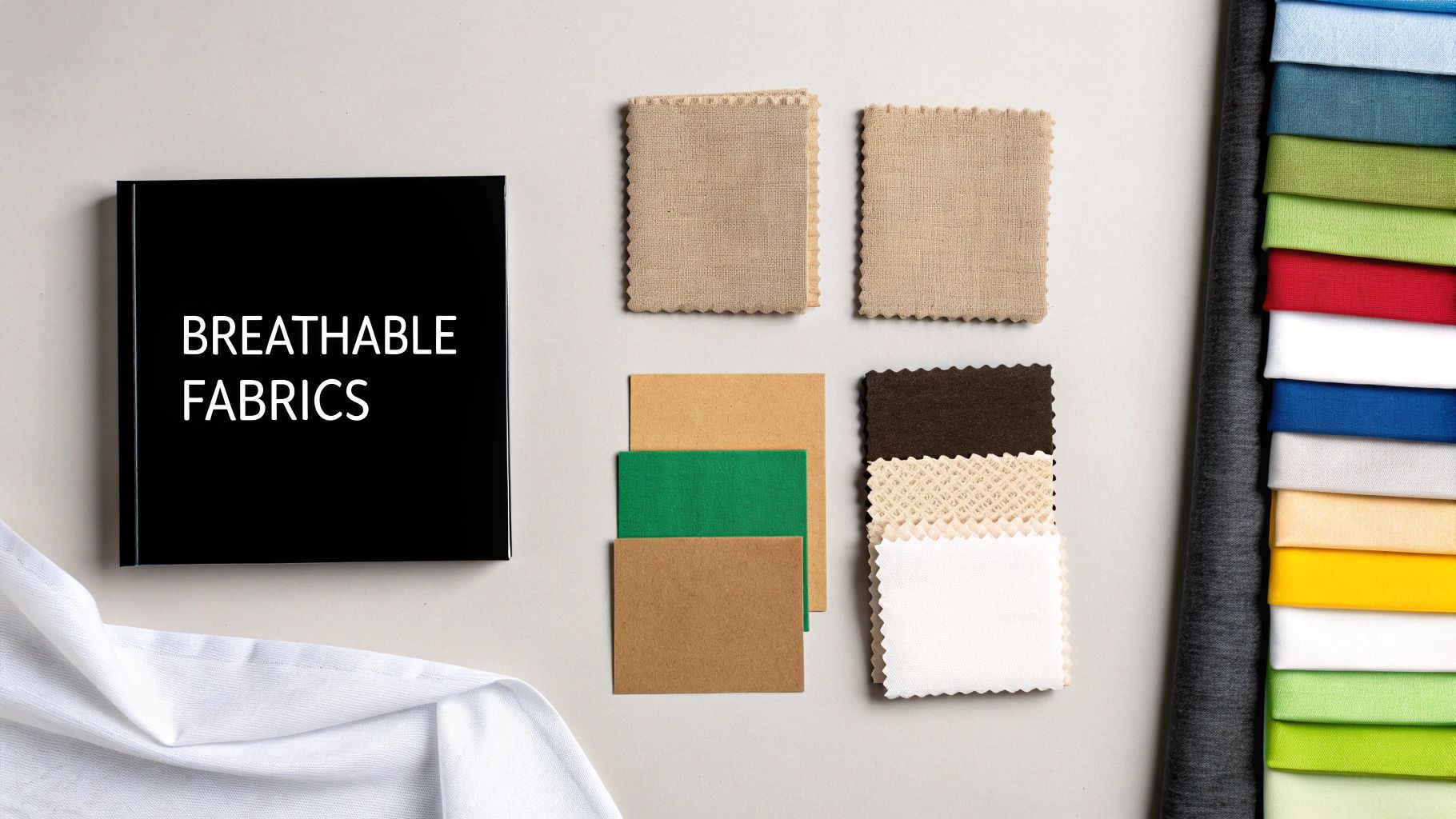 A flat lay showcasing various fabric samples, including beige, white, green, and a colorful stack, with a book titled 'BREATHABLE FABRICS'.