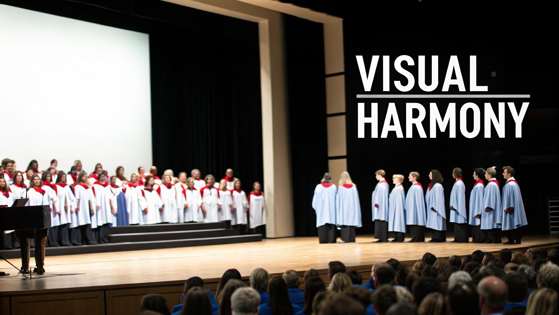 Two choirs in white and blue robes perform on a stage for an audience.