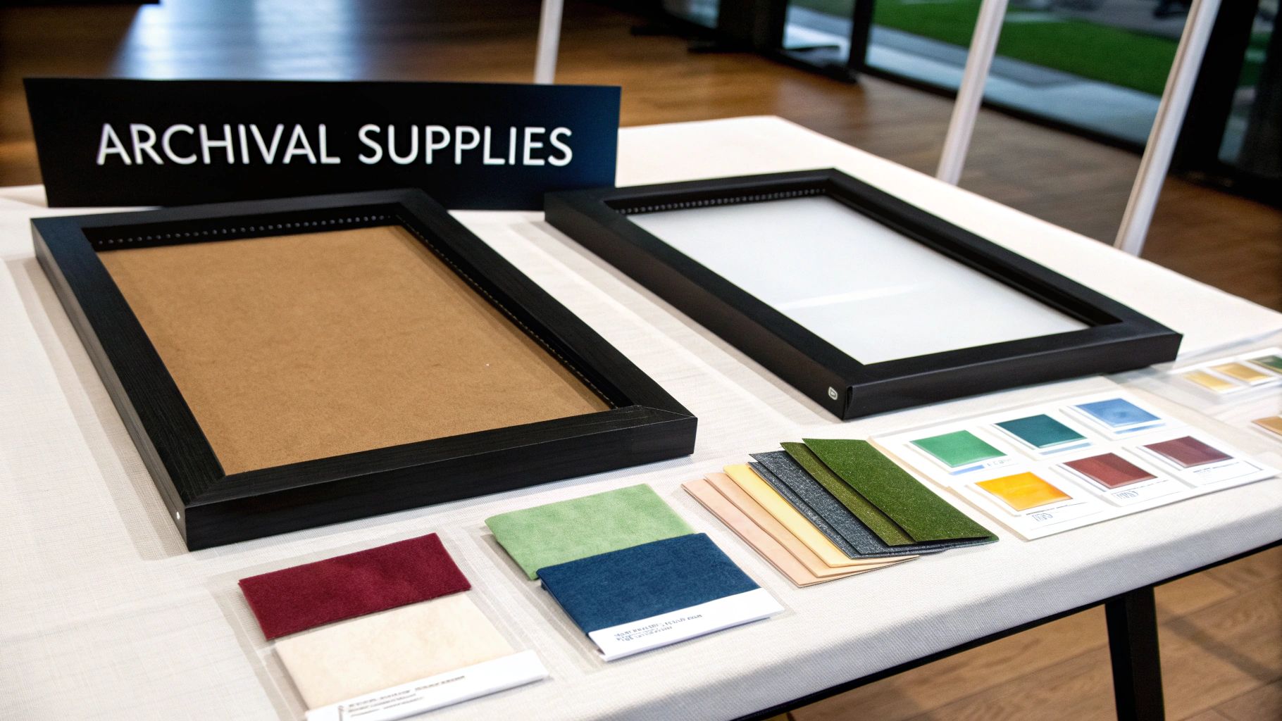A display of archival supplies with two shadow boxes and various colorful material swatches.