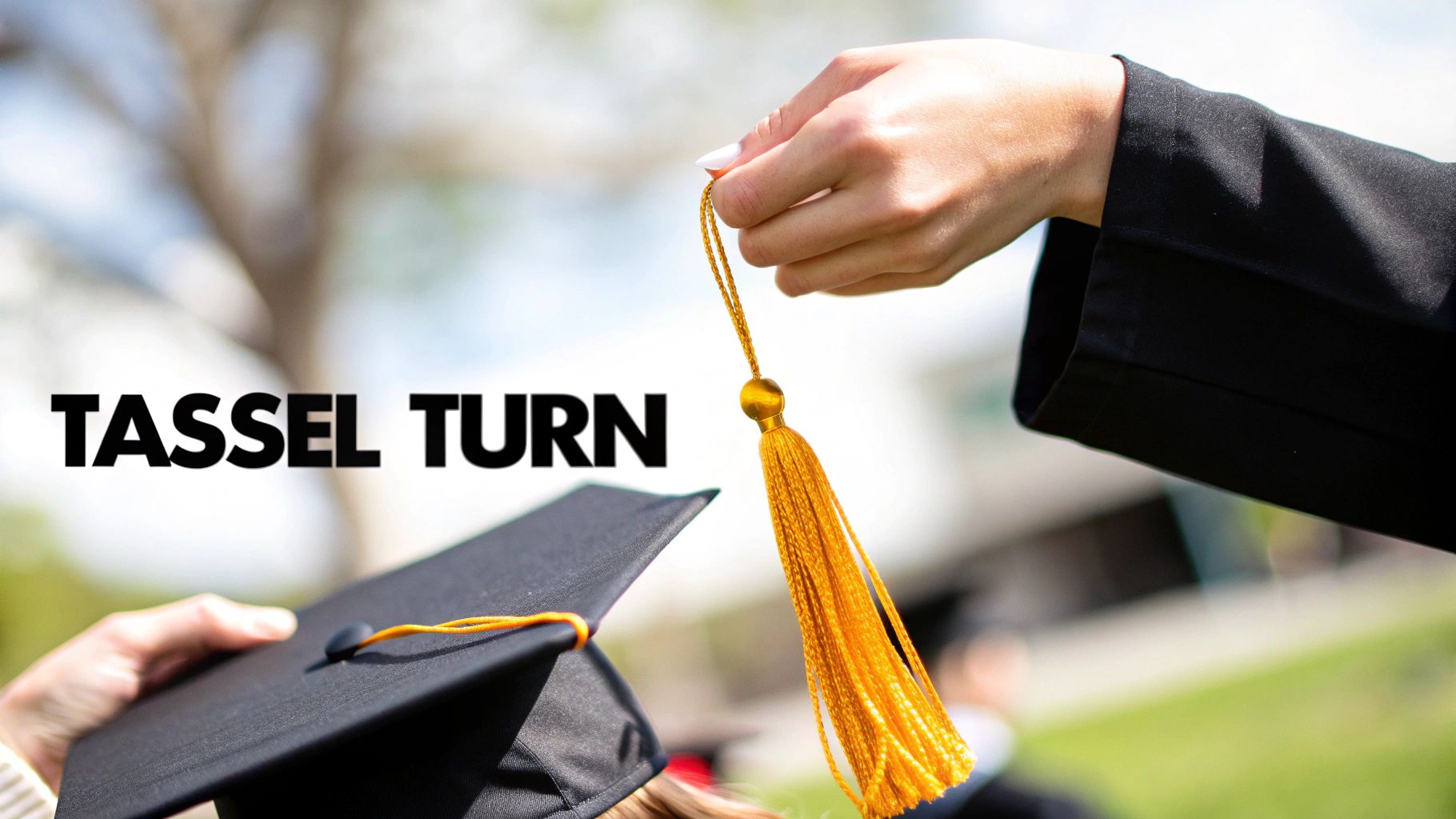 A close-up shows a person's hand holding a bright gold graduation tassel above a black cap.
