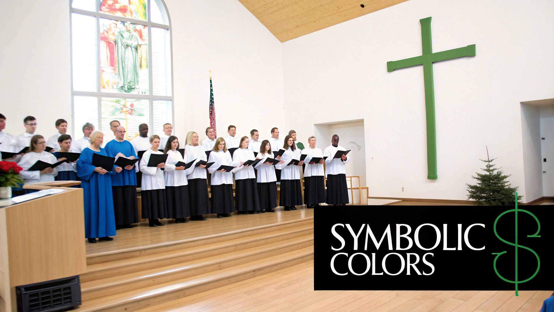 A diverse choir in white and blue robes sings in a church with a green cross.