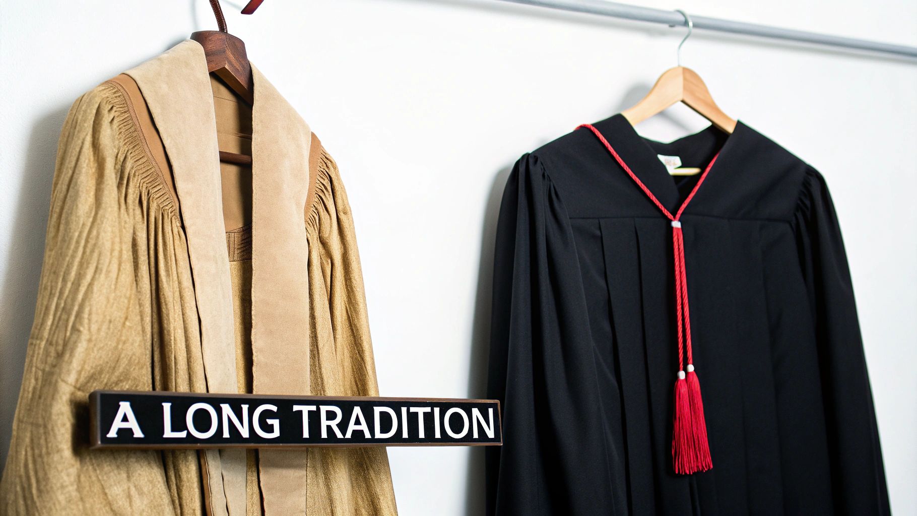 Two ceremonial robes, one tan and one black with a red honor cord, symbolize a long tradition.