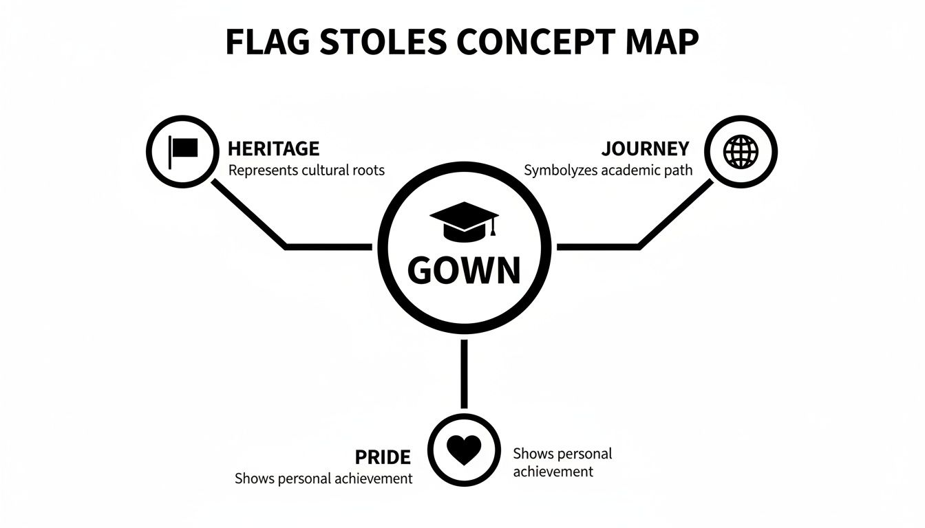 Concept map illustrating the significance of Gown and Flag Stoles, representing heritage, journey, and pride.