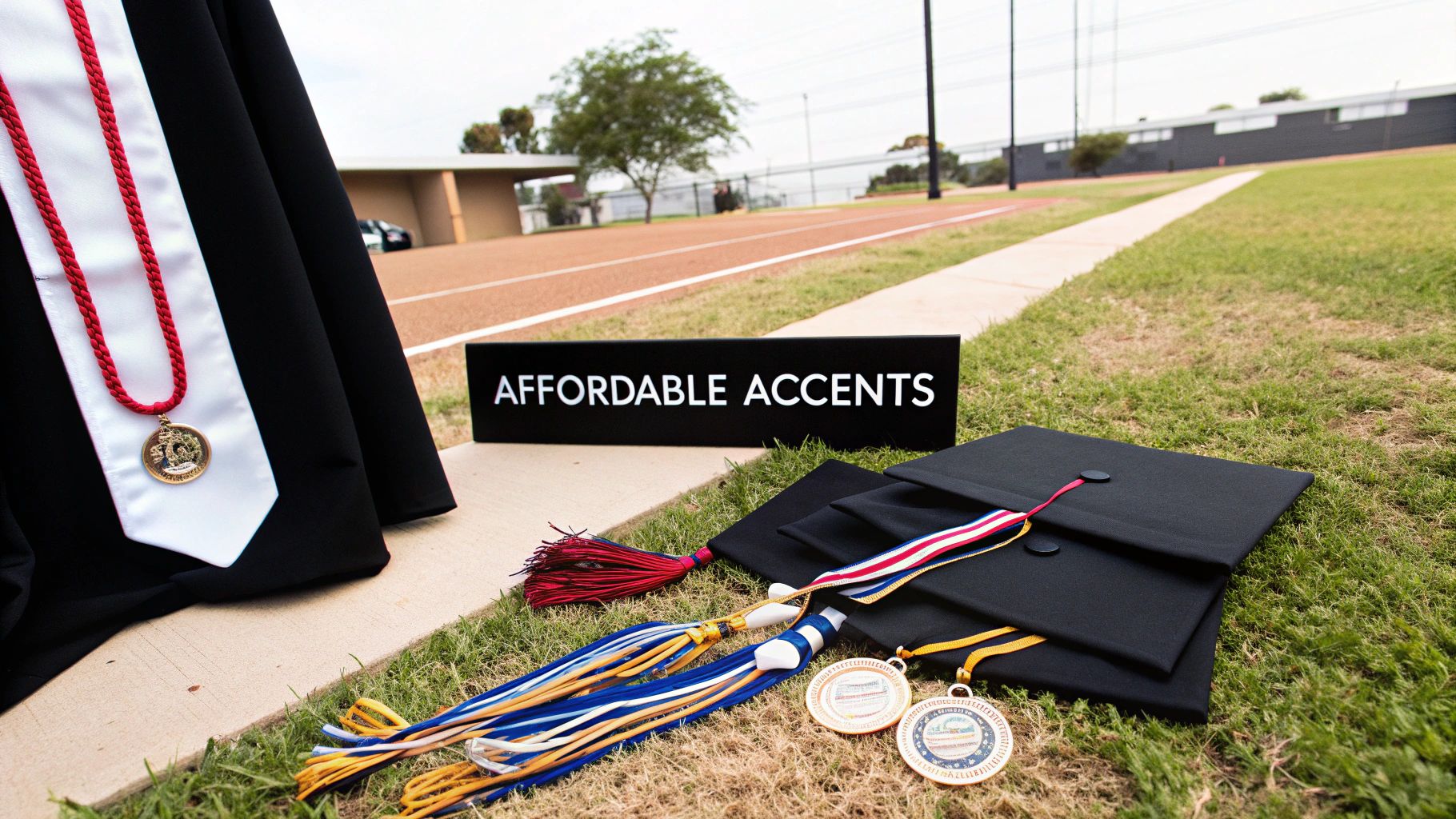 Graduation regalia including a black gown, stole, caps, colorful tassels, and medals on grass.