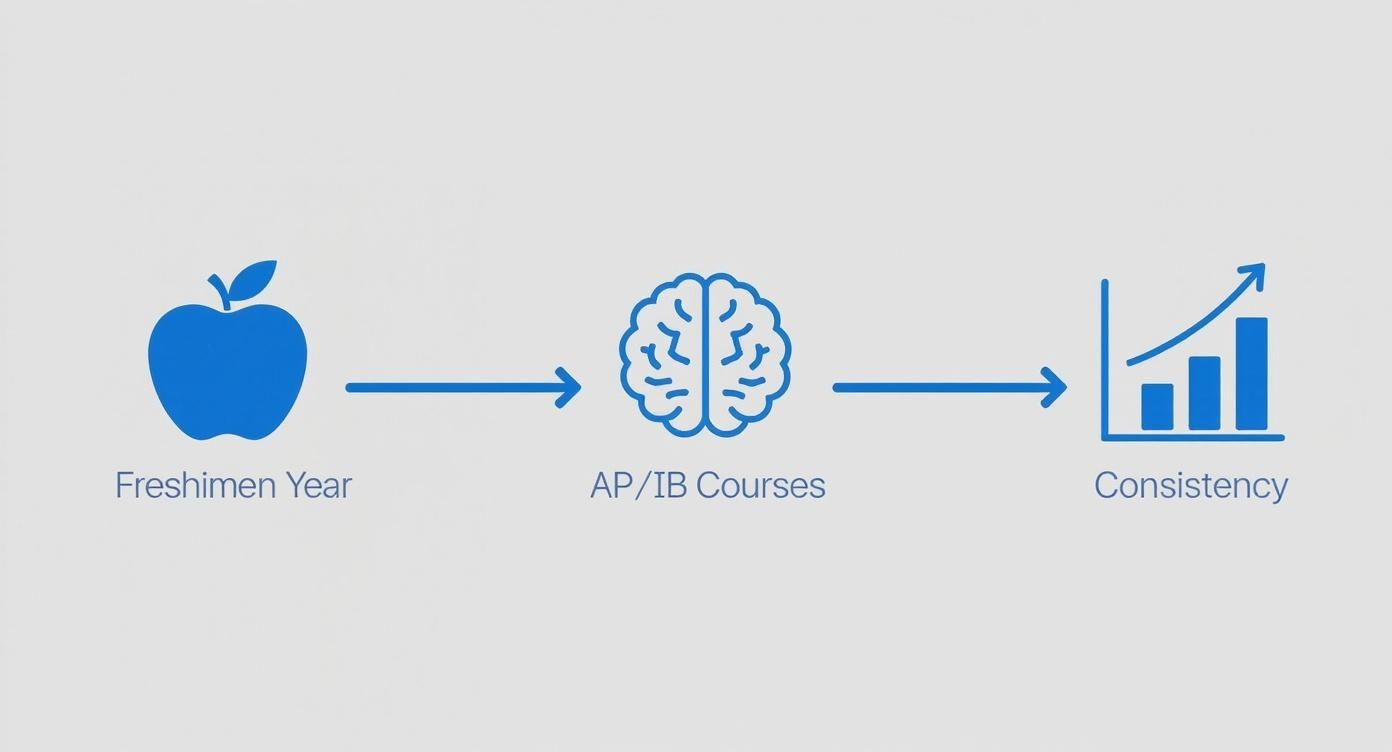 Infographic showing a timeline for a GPA strategy, with icons for Freshman year, AP/IB focus, and maintaining consistency.