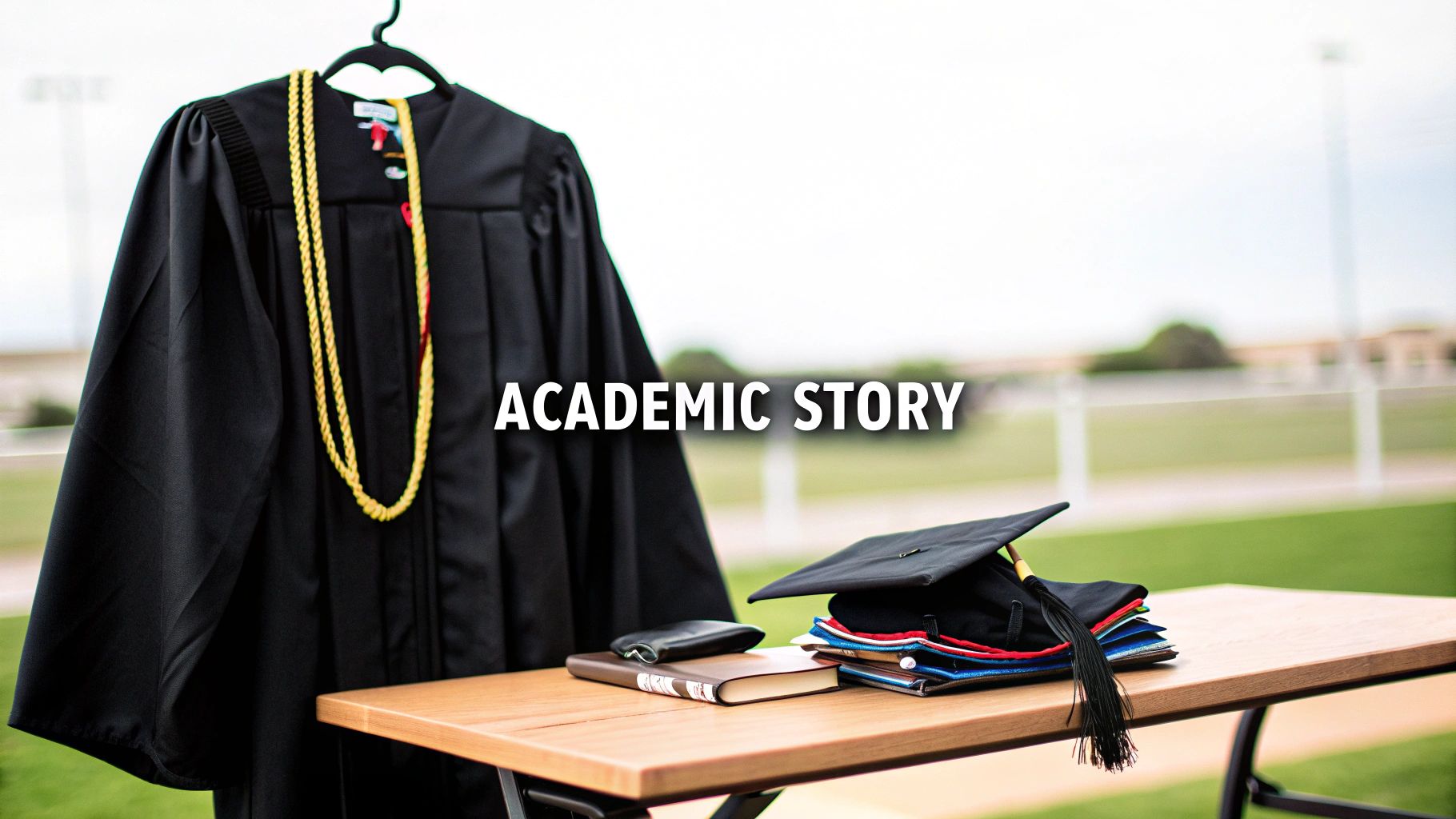 A black graduation gown with yellow cords and a cap on a table with academic regalia.