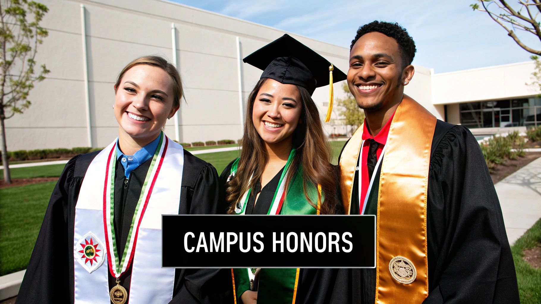 Three smiling diverse graduates in black gowns wearing honor cords and stoles, celebrating campus honors.