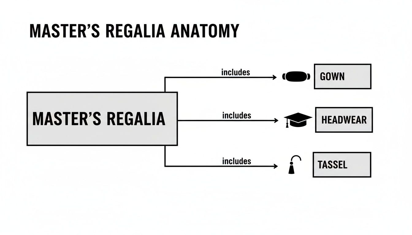 Flowchart illustrating master's academic regalia components: gown, headwear, and tassel.
