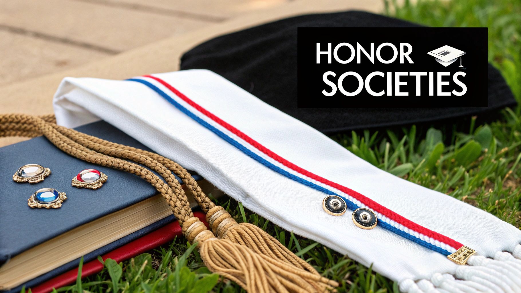 Graduation regalia, including a white stole with red and blue stripes, cap, cords, and books on grass.