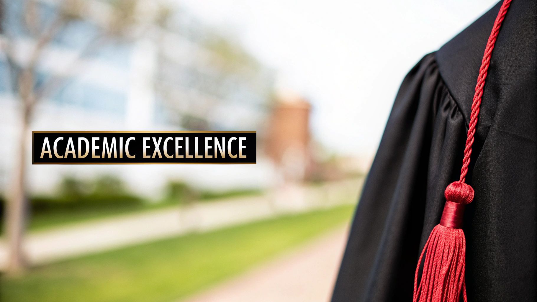 A close-up of a person in a black graduation gown with a red honor cord on a blurred campus background, with a banner displaying "ACADEMIC EXCELLENCE".