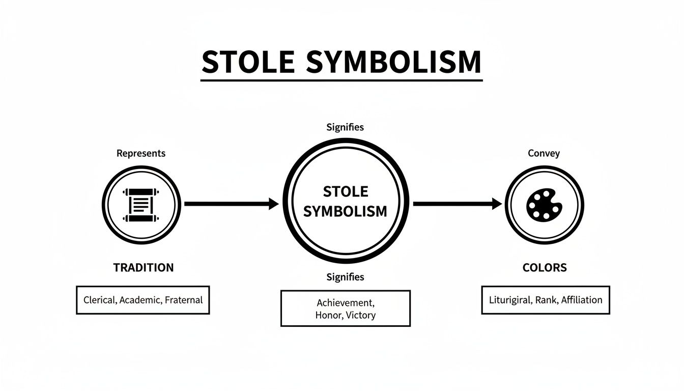 Flowchart illustrates stole symbolism, representing tradition, achievement, honor, victory, and conveyed by colors.
