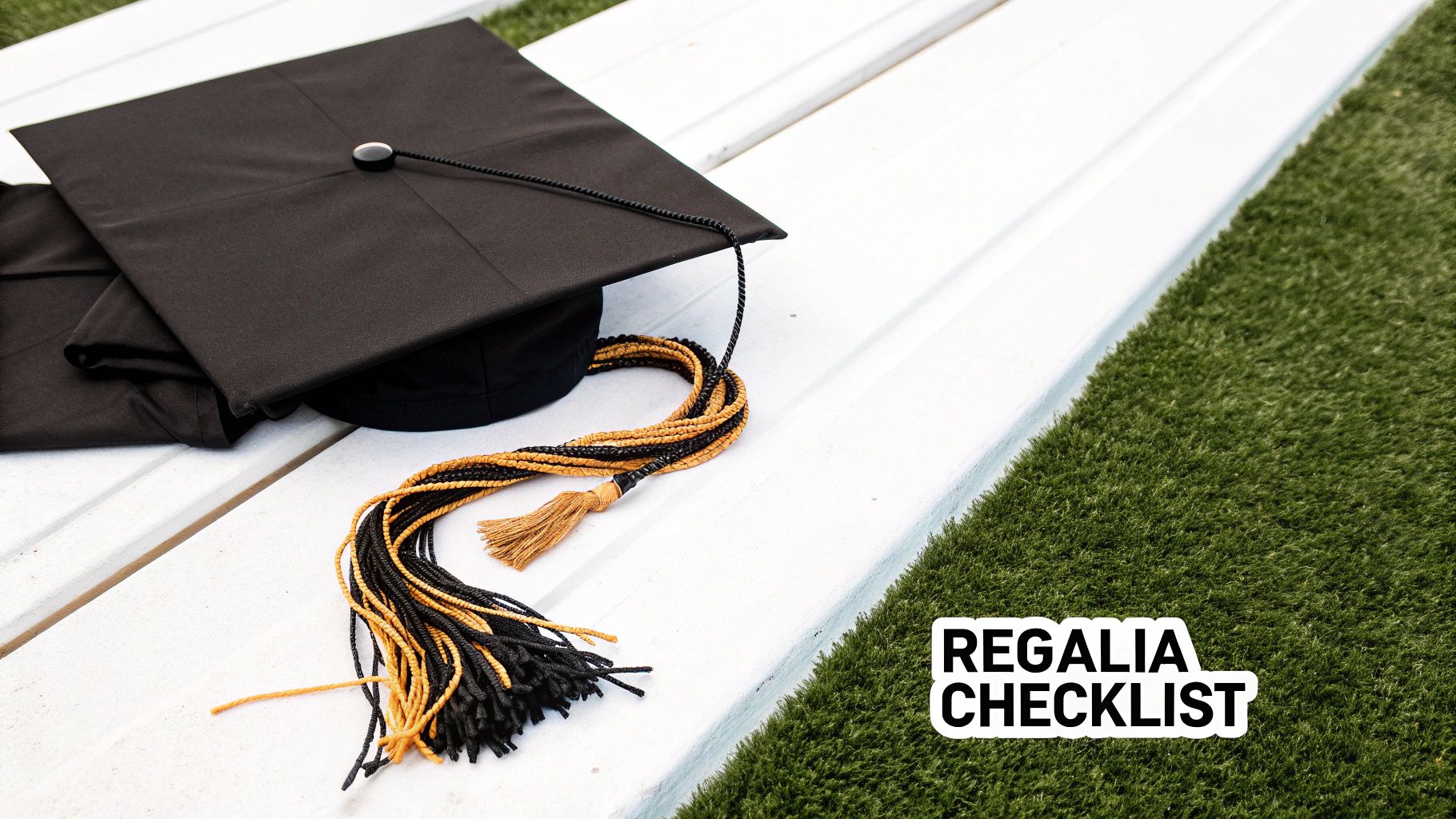 A black graduation cap and a black and gold tassel resting on a white wooden bench with green grass.