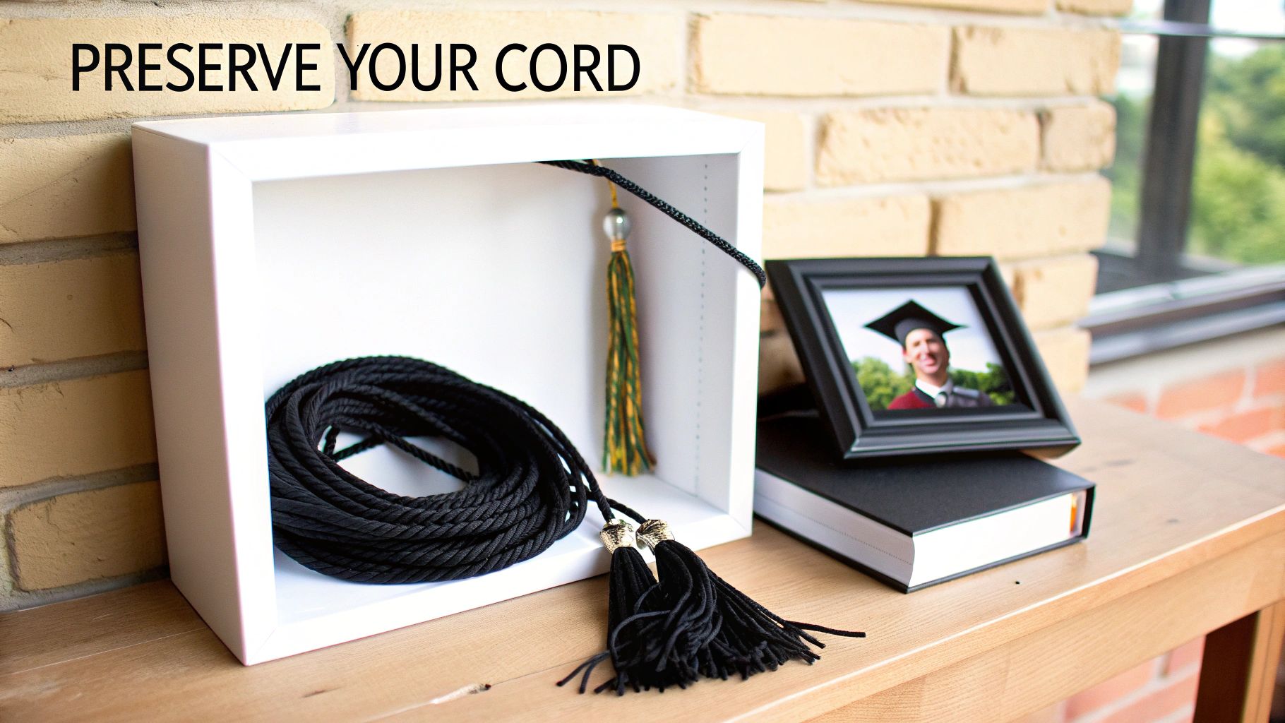 A white shadow box displays a coiled black graduation cord and tassels, alongside a framed graduation photo and a book.