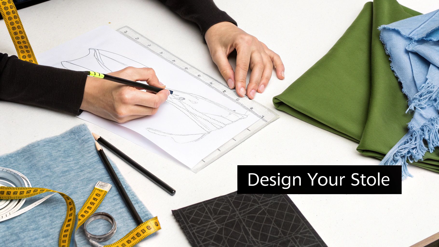 Overhead view of hands sketching a stole design with a pencil, ruler, and colorful fabrics.