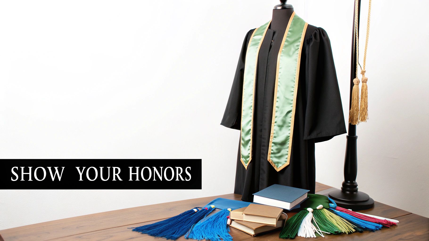 A graduate wearing a royal blue cap and gown personalized with colorful honor cords and stoles.