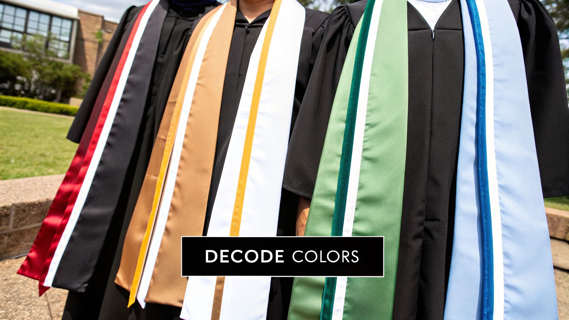 A close-up of a graduate's stole with intricate embroidery, showing the texture and colors.