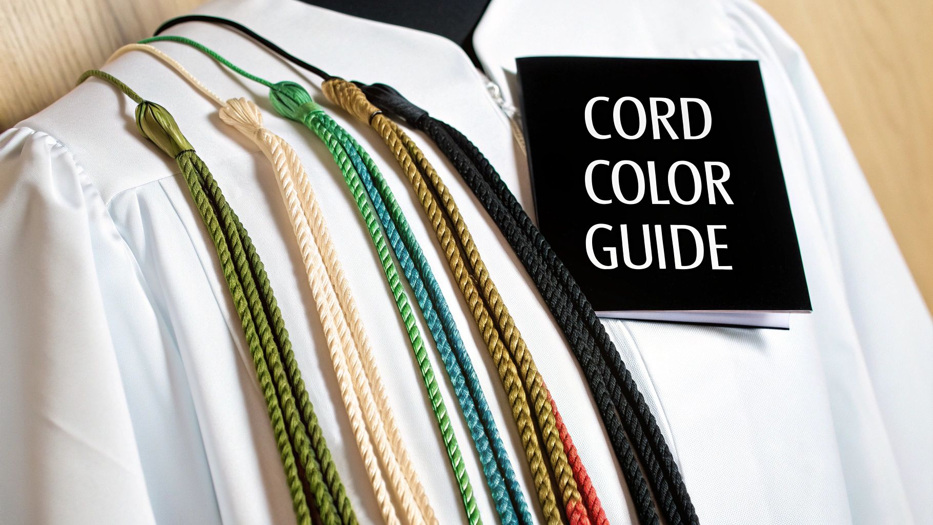 A white graduation gown adorned with various colored honor cords and a 'Cord Color Guide' book.