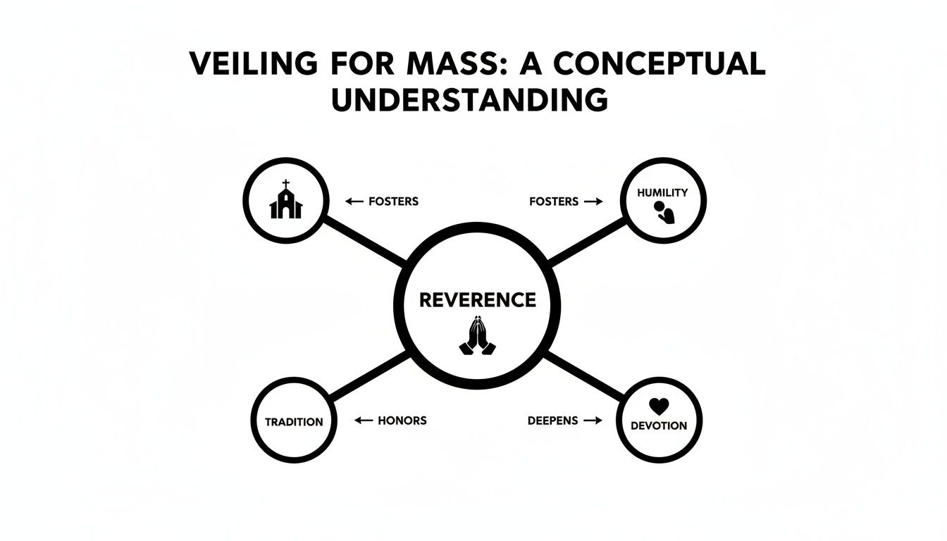 Conceptual diagram illustrating how veiling for Mass fosters reverence, humility, tradition, and deepens devotion.