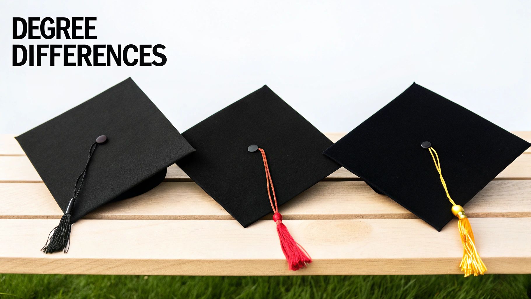 Three graduation caps with black, red, and yellow tassels sit on a wooden bench, illustrating degree differences.