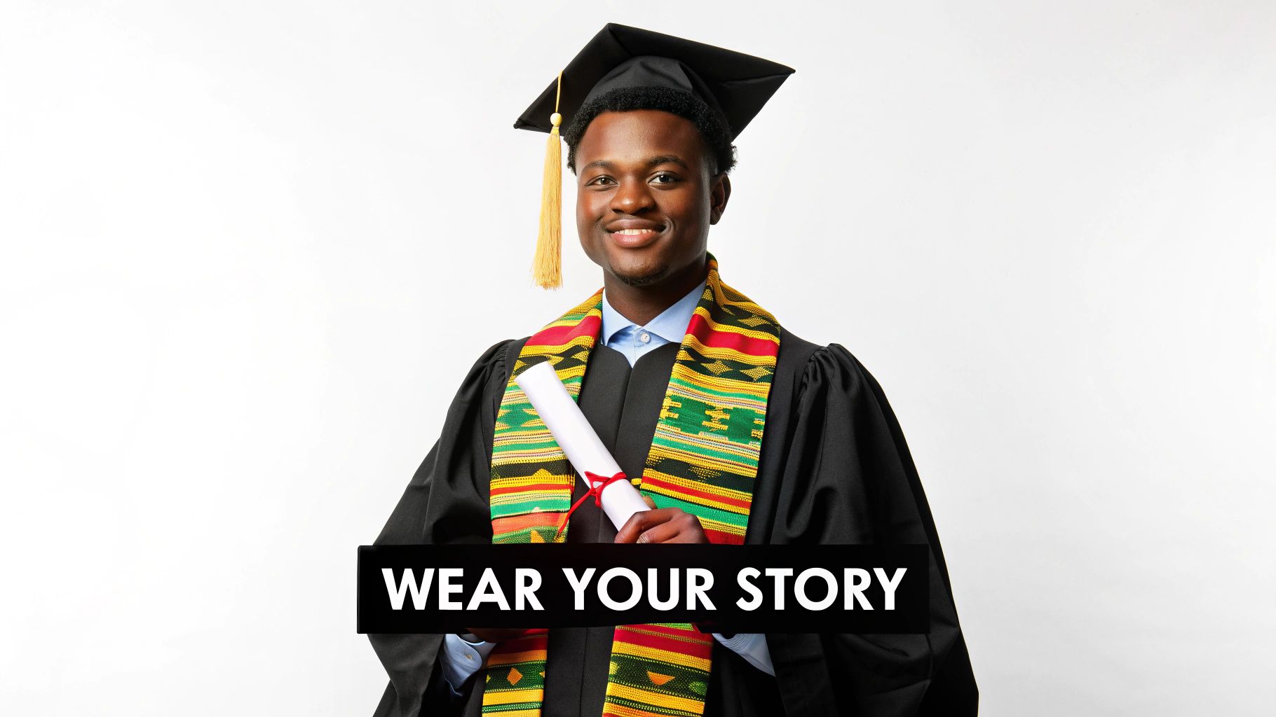 A smiling Black graduate wears a kente stole and cap, holding a diploma with 'Wear Your Story' text.