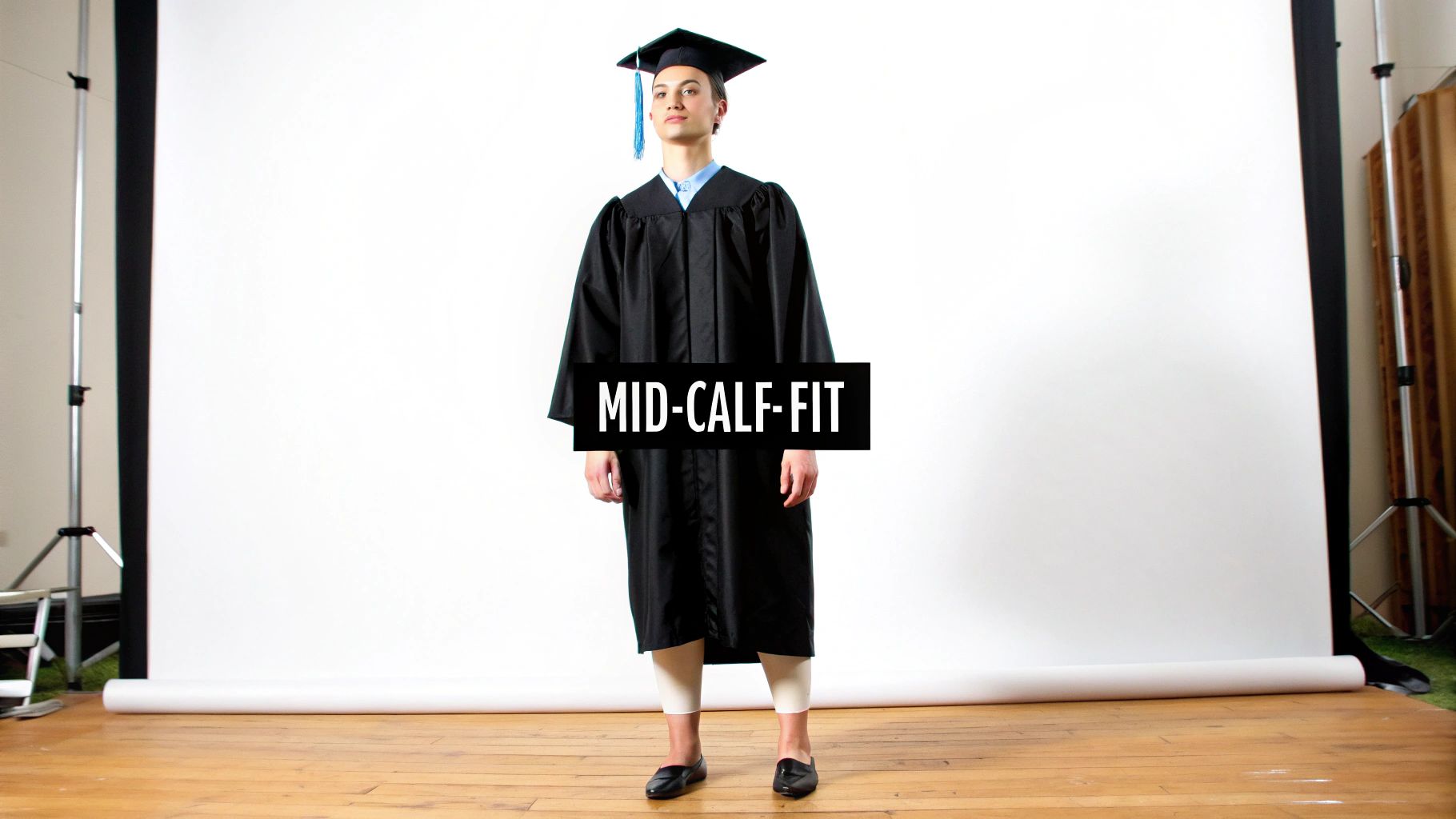 A young person in a black mid-calf fit graduation gown and mortarboard on a wooden floor.