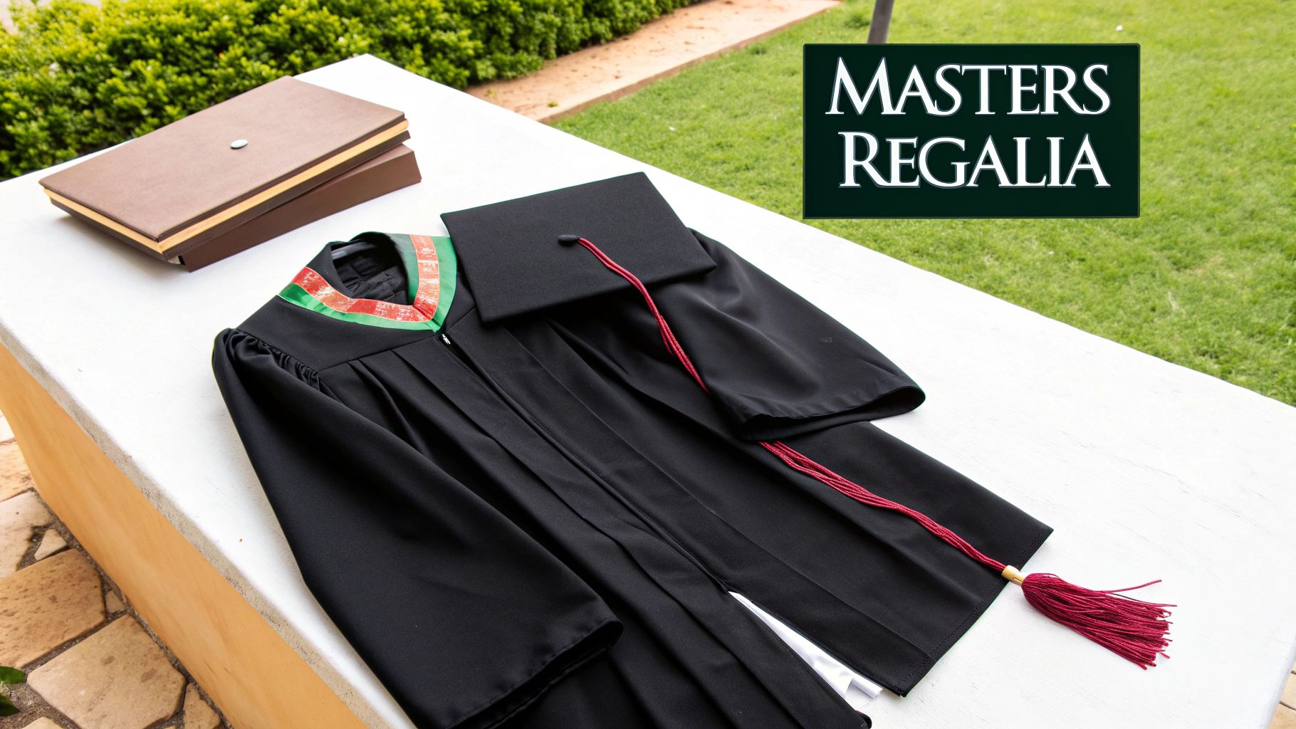 Masters graduation regalia, including a black cap, gown, and colorful stole, laid out with a document holder.